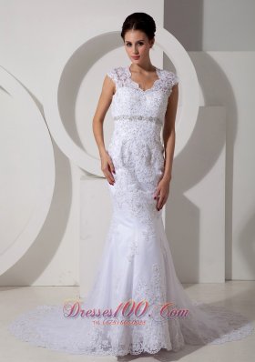 Affordable Mermaid Square Court Train Lace Beading Wedding Dress