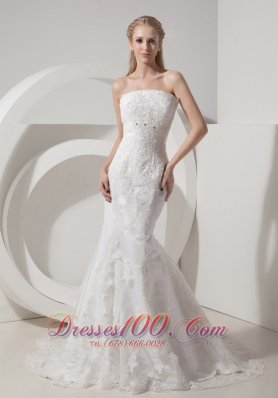 Customize Beautiful Mermaid Strapless Wedding Dress Lace and Taffeta Beading Chapel Train