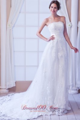 Perfect Column Strapless Court Train Lace Sashes Wedding Dress