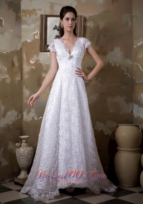Luxurious A-line V-neck Brush Train Satin and Lace Wedding Dress