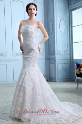 Low Price Wedding Dress Mermaid Strapless Court Train Satin Lace