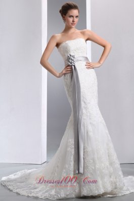 Luxurious Mermaid Strapless Sash Wedding Dress Court Train Taffeta and Lace