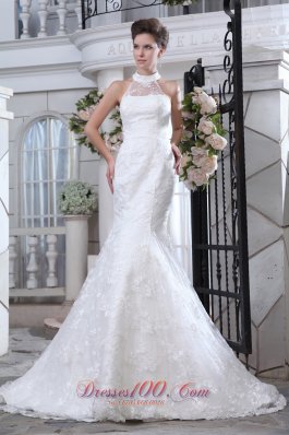 Pretty Mermaid Halter Wedding Dress Court Train Lace