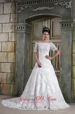 Modest A-line Off The Shoulder Chapel Train Lace Wedding Dress