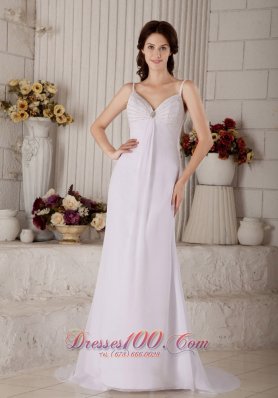 Wonderful Column Spaghetti Beach Wedding Dress Straps Brush Train Chiffon Beading