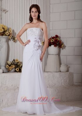 Elegant Column Strapless Beach Wedding Dress Court Train Chiffon Beading