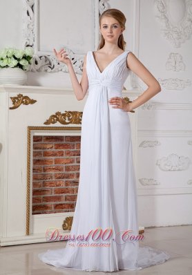 Exquisite Empire V-neck Beach Wedding Dress Watteau Train Chiffon Ruch