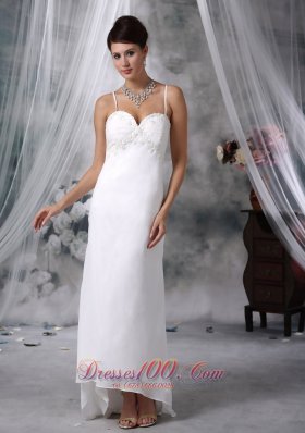 Lovely Column Spaghetti Straps High-low Chiffon Appliques Wedding Dress