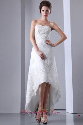 Sexy Column Strapless High-low Elastic Wove Satin and Lace Wedding Dress