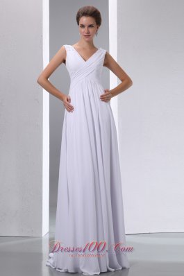 White Empire V-neck Maternity Wedding Dress Chiffon Beading and Ruch Floor-length