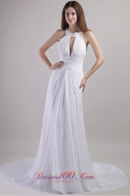 Popular Sheath / Column Halter Chapel Train Chiffon Appliques Wedding Dress