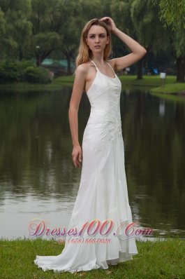 Elegant Empire Halter Sweep / Brush Train Chiffon Embroidery Wedding Dress