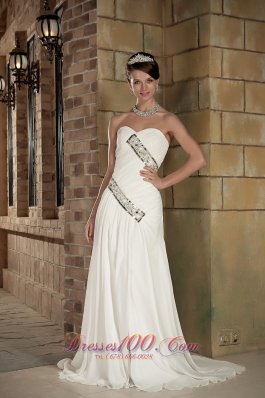 Custom Made Column Sweetheart Court Train Chiffon Beading Wedding Dress