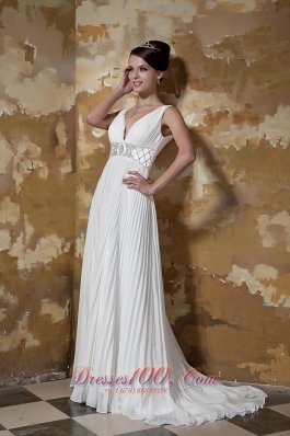 Beautiful Column V-neck Brush Train Organza Beading Wedding Dress