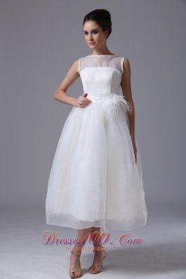 Simple Bateau Tea-length Organza Zipper-up Beach Wedding Dress