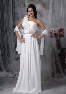 Simple Empire Beach Wedding Dress One Shoulder Brush Train Chiffon Beading