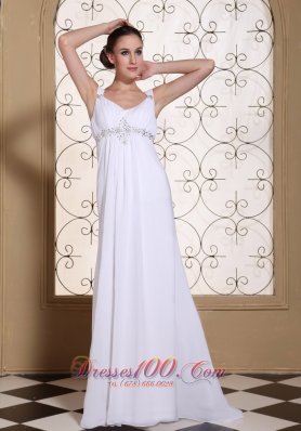 Elegant White Prom Dress For 2013 V-neck Beaded Decorate Bust Chiffon Brush Train Gown