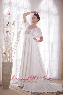 White A-Line / Princess V-neck Court Train Chiffon Beading Mother Of The Bride Dress