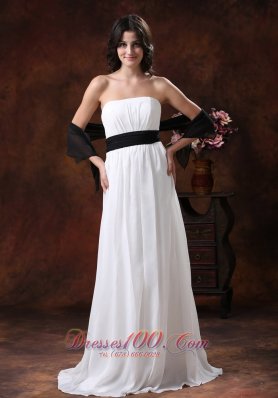 Custom Made White Chiffon Brush Train Low Cost Wedding Dress With Black Belt Decorate In Safford Arizona