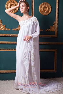 White Empire One Shoulder Brush Train Chiffon Appliques Prom Dress