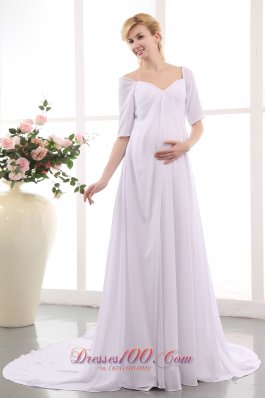 Simple Empire V-neck Maternity Wedding Dress Court Train Chiffon Ruch