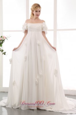 Simple Empire Off The Shoulder Maternity Wedding Dress Chiffon Lace and Hand Made Flowers Chapel Train