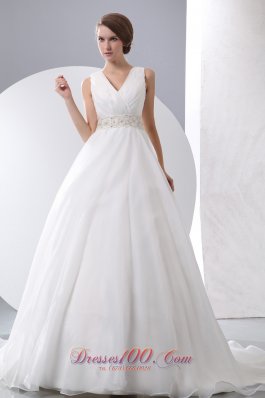 Gergeous A-line V-neck Wedding Dress Court Train Taffeta and Organza Ruch and Beading