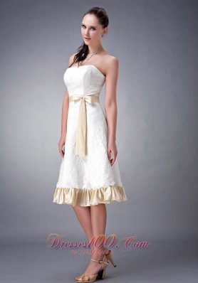 Perfect White and Champagne A-line / Princess Strapless Bridesmaid Dress Lace Sash Tea-length