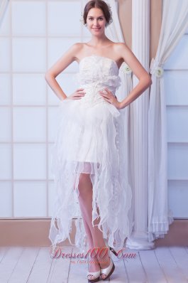 White Column Strapless Asymmetrical Organza Beading Prom Dress