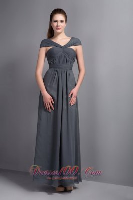 2013 Cheap Grey Chiffon V-neck Cap Sleeves Bridesmaid Dress