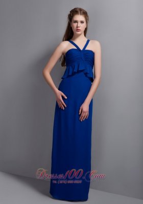 2013 Unique Peacock Blue V-neck Chiffon Bridesmaid Dress Floor-length