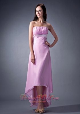 2013 Remarkable Pink Cloumn Strapless Bridesmaid Dress Ruch High-low Chiffon
