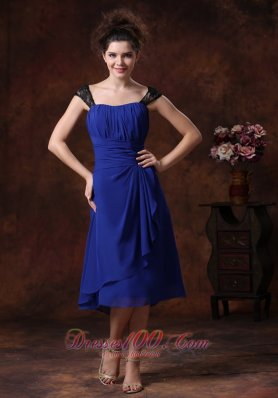 2013 Chiffon Ruched Straps Navy Blue 2013 Tea-length Bridesmaid Dress