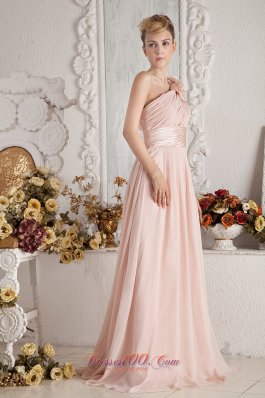 2013 Baby Pink Empire One Shoulder Brush Train Chiffon Hand Made Flowers and Ruch Prom Dress