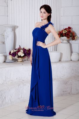 2013 Royal Blue Empire One Shoulder Hand Made Flowers Prom / Evening Dress Brush Train Chiffon