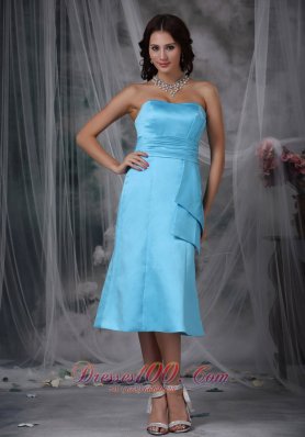 Cheap Aqua Blue Column Strapless Tea-length Taffeta Ruch Prom / Homecoming Dress