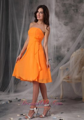 Cheap Sweet Orange Strapless Short Prom Dress Chiffon Handle Flowers Knee-length