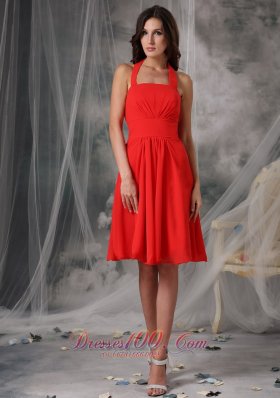 Cheap Simple Red Empire Halter Homecoming Dress Chiffon Ruched Knee-length