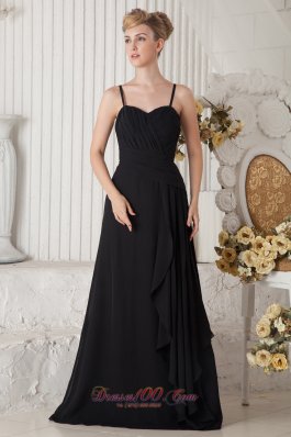 Cheap Black Empire Straps Ruch Bridesmaid Dress Floor-length Chiffon