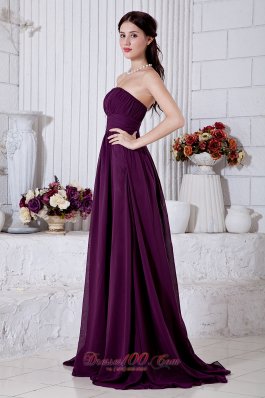 Cheap Dark Purple Empire Strapless Ruch Prom / Evening Dress Brush Train Chiffon