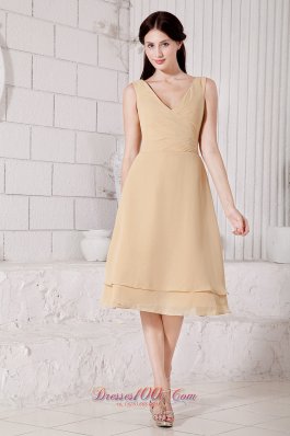 Cheap Champagne A-line / Princess V-neck Bridesmaid Dress Tea-length Chiffon Ruch