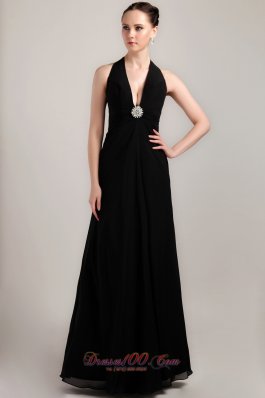 Cheap Black Column / Sheath Halter Floor-length Chiffon Beading and Ruch Prom / Evening Dress
