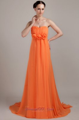 Cheap Orange Empire Sweetheart Brush Train Chiffon Hand Made Flowers Plus Size Prom Dress