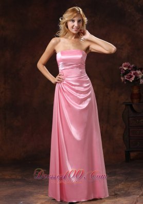 Rose Pink Elastic Woven Satin Strapless Bridesmaid Dress