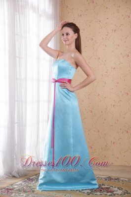 Light Blue Empire Strapless Brush Train Satin Sash Bridesmaid Dress