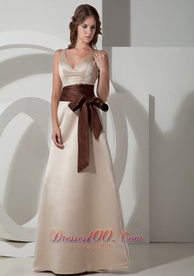 Grey A-line V-neck Floor-length Taffeta Sash Bridesmaid Dress
