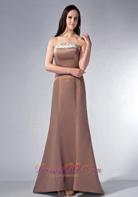 Impression Brown Cloumn Strapless Bridesmaid Dress Satin Beading Train