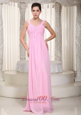 Baby Pink Empire Straps Floor-length Chiffon Ruched Prom Dress