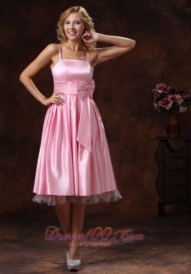 Baby Pink Spaghetti Straps Lovely Bridesmaid Dress With Sash Tea-length