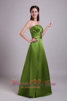 Olive Green A-Line / Princess Strapless Floor-length Satin Beading Prom Dress